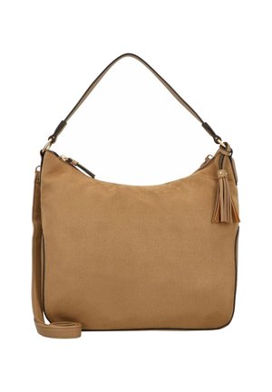 Sac à main en suède beige avec une texture lisse, une forme incurvée et un accent de gland détachable. Il dispose de deux options de port et d'une fermeture éclair.