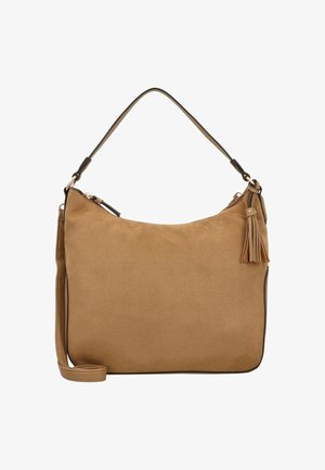 Tan suède handtas met een gladde textuur, een gebogen vorm en een afneembare kwastaccent. Beschikt over dubbele draagopties en een ritssluiting.