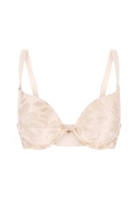Beige kanten push-up bh met bloemenpatroon, gladde cups, verstelbare bandjes en een gouden sluiting in het midden van de band.