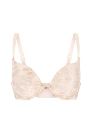 Beige lace push-up bra with floral pattern, smooth cups, adjustable straps, and gold-tone clasp at the center band.