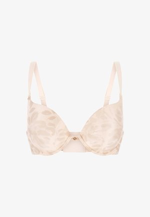 Beige Spitzen-Push-Up-BH mit floralem Muster, glatten Cups, verstellbaren Trägern und einem goldfarbenen Verschluss in der Mitte des Bands.