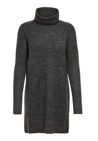 Robe tricotée gris foncé avec un col roulé haut, des manches longues, des fentes sur les côtés et une coupe décontractée. Tissu texturé sur l'ensemble.