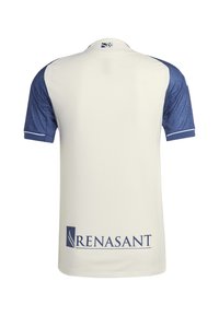 Maillot de sport blanc avec des manches courtes et un col bleus. Présente un logo bleu "RENASCANT" au dos. Tissu lisse avec un design texturé sur les manches.