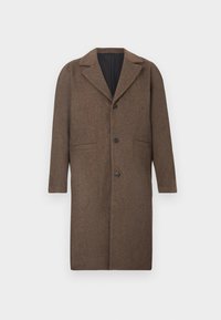 Καφέ μάλλινο παλτό με γιακά με εγκοπές, κουμπιά στο εμπρόσθιο μέρος, δύο κεκλιμένες τσέπες και ευθεία σιλουέτα. Υφή υφάσματος με απαλό παρουσιαστικό.