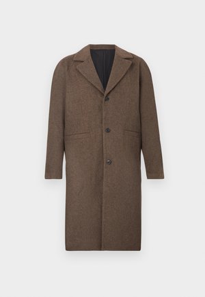 Pruun villane mantel, millel on sälkidega krae, ees nupud, kaks kaldu taskut ja sirge siluett. Tekstureeritud kangas pehme välimusega.