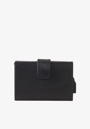 Schwarze Lederbrieftasche mit Druckknopfverschluss und kleinem eingeprägtem Logo auf der Vorderseite, vor weißem Hintergrund gezeigt.