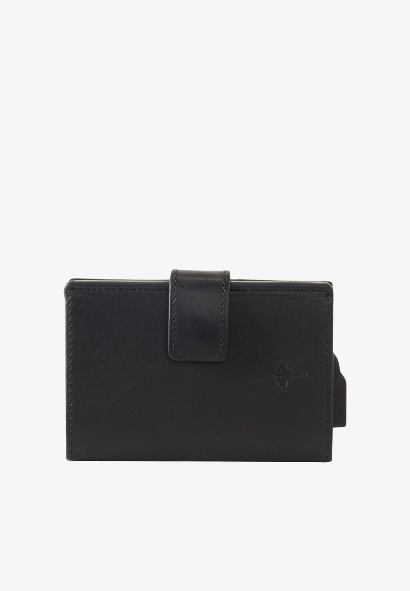 Portefeuille en cuir noir avec une fermeture à pression et un petit logo embossé sur le devant, présenté sur fond blanc.