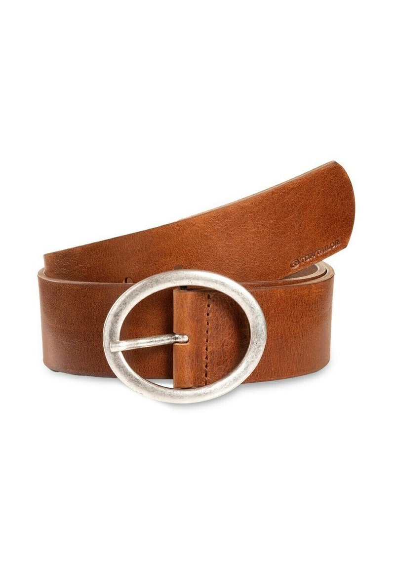 Brauner Leder-Gürtel mit einem breiten, glatten Riemen und einer silbernen, ovalen Metallschnalle mit texturierter Oberfläche.