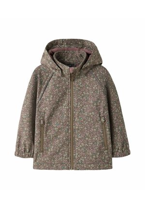 Veste à capuche pour enfant à motif floral marron avec fermeture éclair frontale et poches zippées, poignets élastiques et doublure intérieure douce.