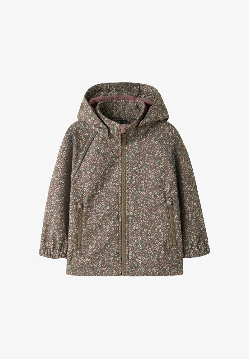 Veste à capuche pour enfant à motif floral marron avec fermeture éclair frontale et poches zippées, poignets élastiques et doublure intérieure douce.