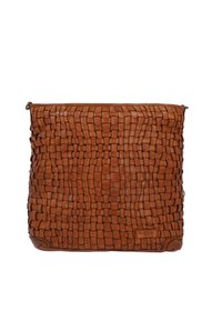Brown woven leather handbag with a rectangular shape and subtle curved patterns, visible stitching, and small branded tag on bottom right corner.