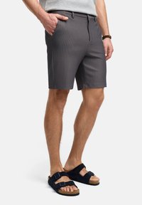 Grå stribede shorts lavet af letvægtsmateriale, med bæltestropper og sidelommer. Sammen med sorte ruskindssandaler med spænder.
