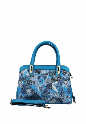 Blauwe handtas met bloemenpatroon, twee bovenhandvatten en een afneembare schouderband op een witte achtergrond.
