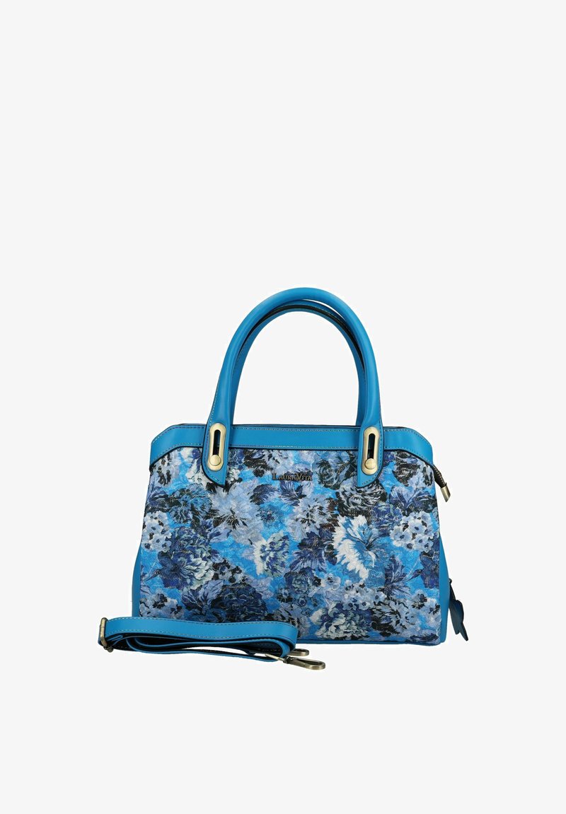 Sac à main bleu à motif floral avec deux poignées supérieures et une bandoulière amovible sur fond blanc.