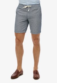 Mannelijke blauw-witte gestreepte shorts met een elastische tailleband en koord. Draag ze met bruine leren instappers. Platte, gestructureerde stof.