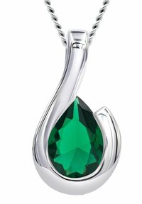 Ciondolo in argento con un design attorcigliato, caratterizzato da una grande pietra verde a forma di goccia, sfaccettata per brillantezza e chiarezza.