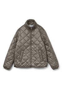 Gequilte, metallic grijze jas met een opstaande kraag, volledige rits en twee voorzakken; elastische manchetten en zoom voor een snug fit.
