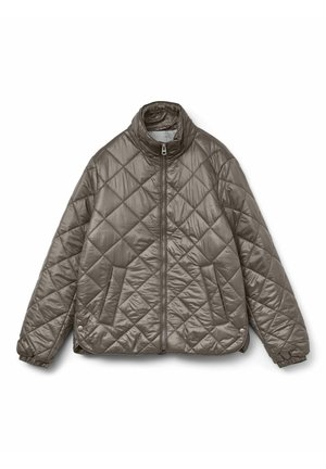 Quilted, metallic gray jacket with a stand collar, full zipper, and two front pockets; elasticized cuffs and hem for a snug fit.