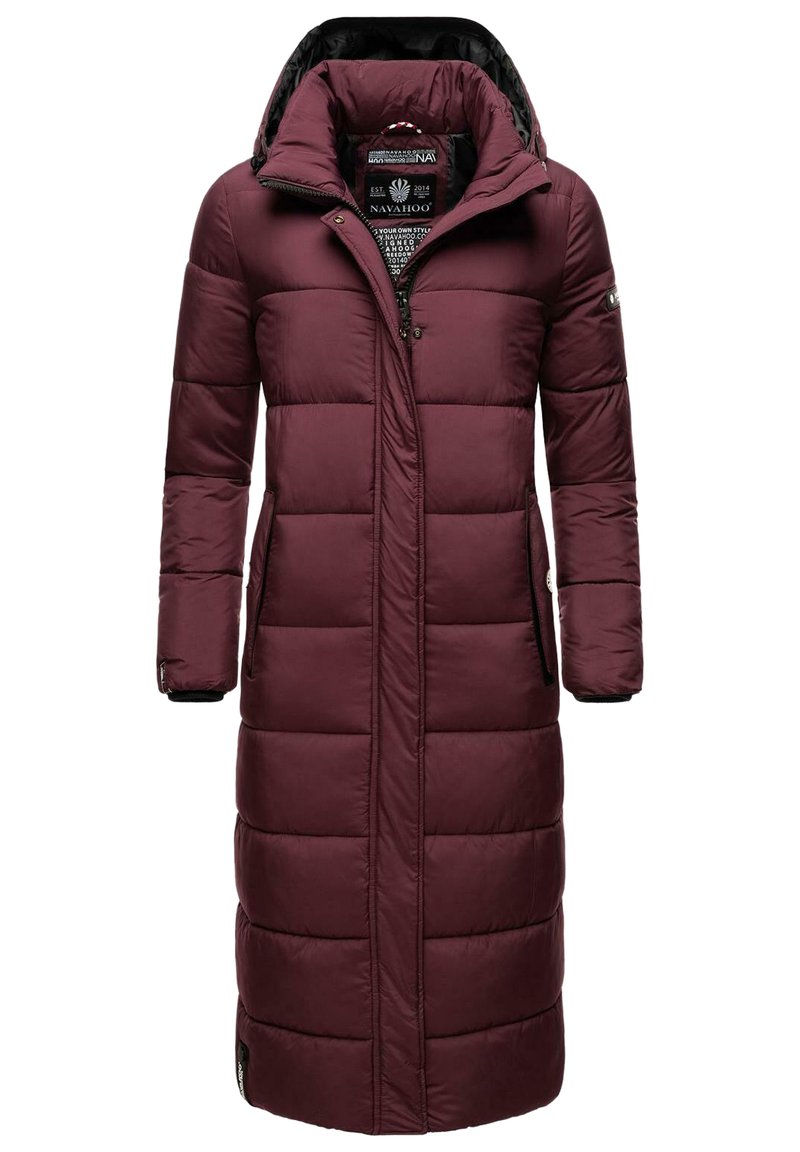 Maroon long puffer coat with hood, featuring a quilted design, zippered pockets, and ribbed cuffs. Smooth texture with a waterproof finish.