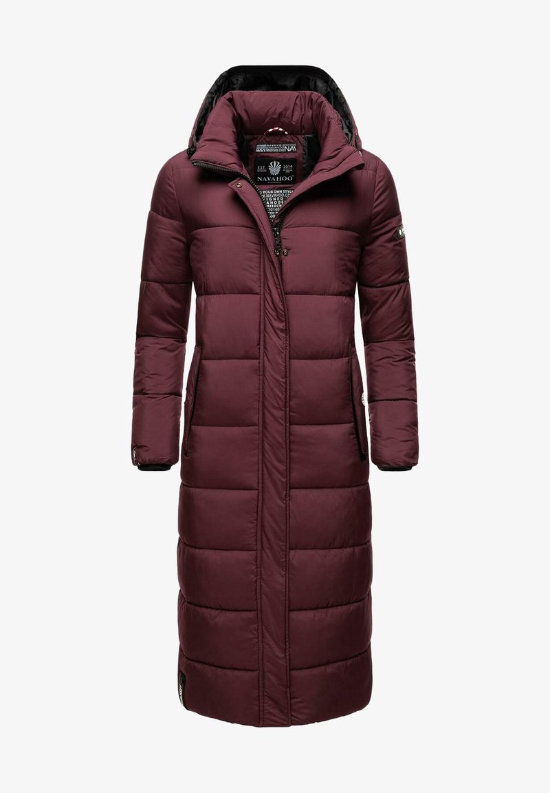 Maroon long puffer coat with hood, featuring a quilted design, zippered pockets, and ribbed cuffs. Smooth texture with a waterproof finish.
