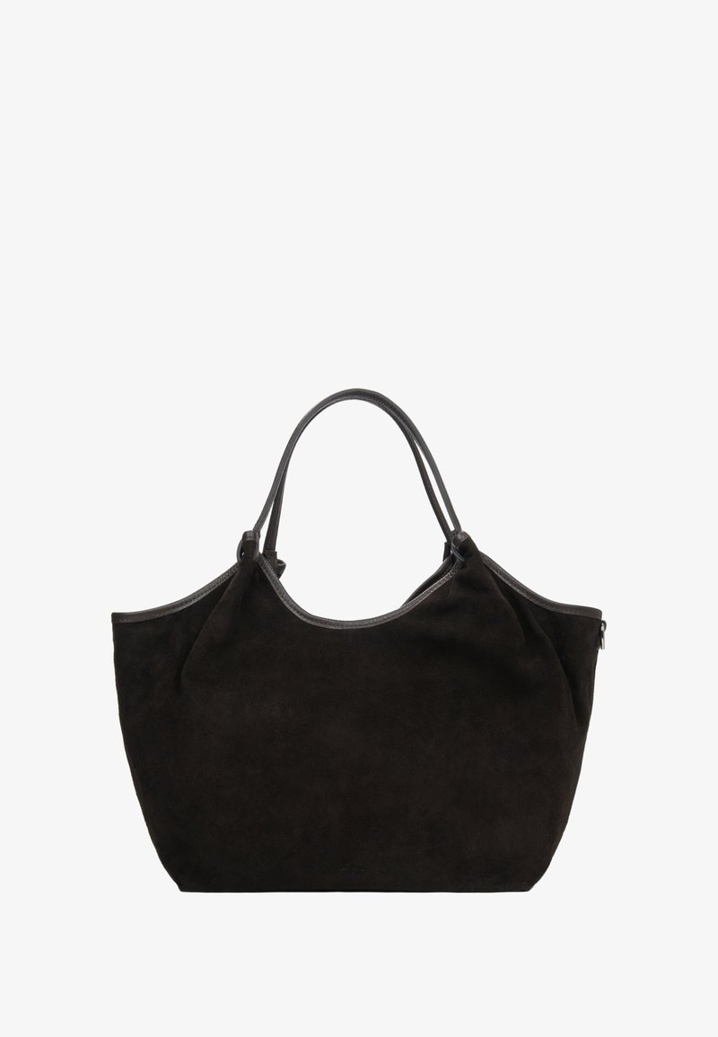 Zwarte suède tote bag met gladde leren accenten. Bevat twee handvatten en een ruime, zacht gevormde silhouet. Ritssluiting aan de zijkant.