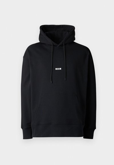 Felpa nera con cappuccio regolabile, tasca a marsupio anteriore, polsini e orlo a coste, con un piccolo logo bianco "MSGM" sul petto.