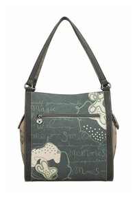 Sac à main gris et vert à motif avec une fermeture éclair en haut, présentant un texte scripté et des designs abstraits, deux poignées et une surface texturée.