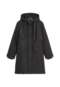 Czarny insulated parka z kapturem, wyposażona w dwie przednie kieszenie, zatrzaski oraz regulowane sznurki w kapturze i mankietach.