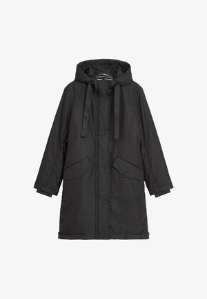 Schwarze, isolierte Parka-Jacke mit Kapuze, ausgestattet mit zwei Fronttaschen, Druckknöpfen und verstellbaren Kordeln an der Kapuze und den Bündchen.