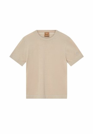 Bež kratka majica z okroglim izrezom in kratkimi rokavi, z nežno vezeno logotipom na levi rokavu ter značko z blagovno znamko na ovratniku.