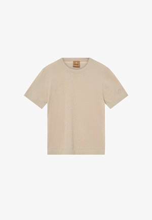 Bež kratka majica z okroglim izrezom in kratkimi rokavi, z nežno vezeno logotipom na levi rokavu ter značko z blagovno znamko na ovratniku.