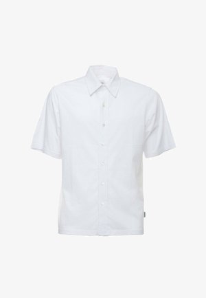 Camicetta bianca a maniche corte con bottoni realizzata in tessuto leggero. Presenta un colletto a punta, bottoni frontali e un orlo dritto.