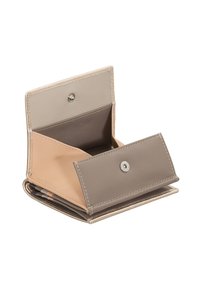 Leather wallet in beige and grey tones, featuring a snap closure, two compartments, and smooth texture with contrasting colors.