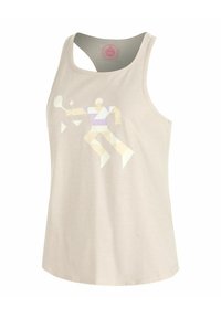 Top in beige con scollatura rotonda, decorato con una grafica geometrica in toni pastello che rappresenta una persona che pratica sport. Tessuto morbido con una vestibilità rilassata.