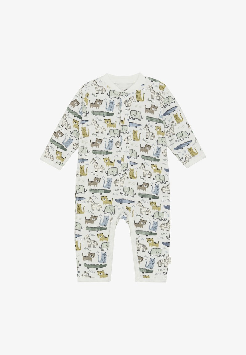 Langärmliger, mit Reißverschluss versehenes Einteiler aus weißer Baumwolle mit einem verspielten Tierdruck in Grün, Gelb, Blau und Braun, der verschiedene Tierdesigns zeigt.