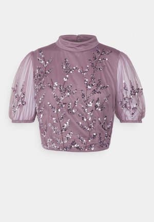 LEAF EMBELLISHED PUFF SLEEVE CROP - T-shirt imprimé - elderberry