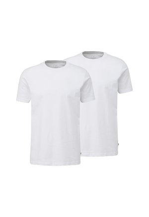 Dwie gładkie białe koszulki z krótkim rękawem i okrągłym dekoltem, ustawione obok siebie na białym tle.