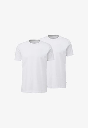 Two plain white short-sleeve crew neck T-shirts displayed side by side on a white background.