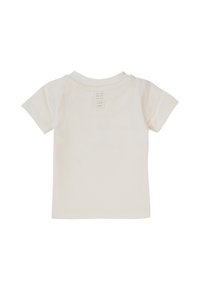 Licht beige T-shirt met korte mouwen, gemaakt van zachte katoen. Heeft een ronde halslijn en een gestikt label binnenin de kraag.