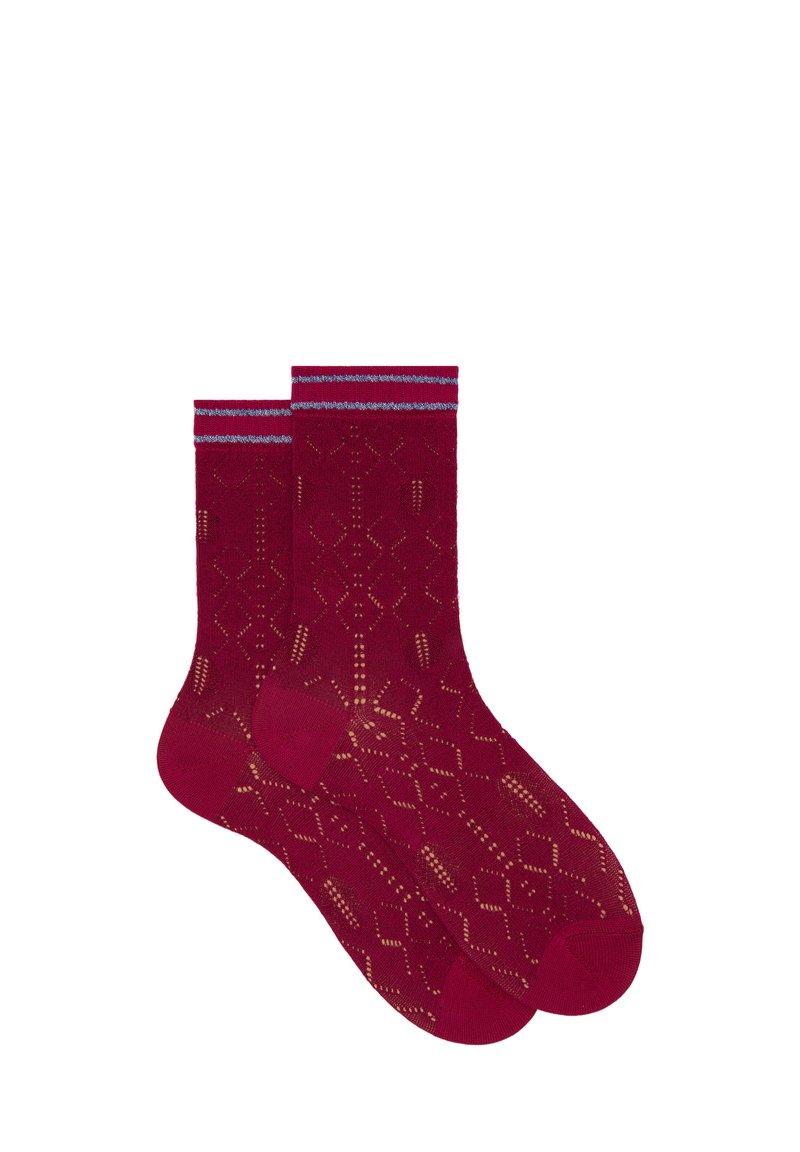 Red patterned socks with a geometric design, featuring light blue accent stripes at the top. Made of soft, textured material.