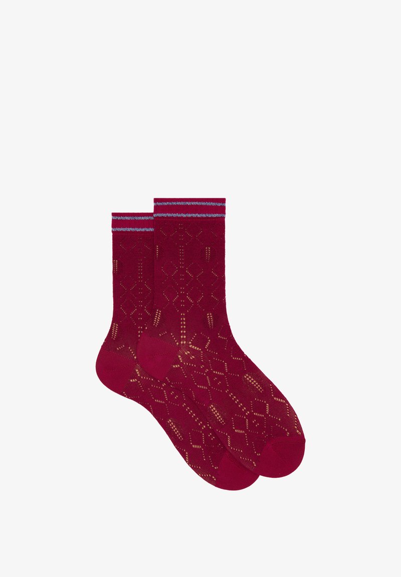 Red patterned socks with a geometric design, featuring light blue accent stripes at the top. Made of soft, textured material.