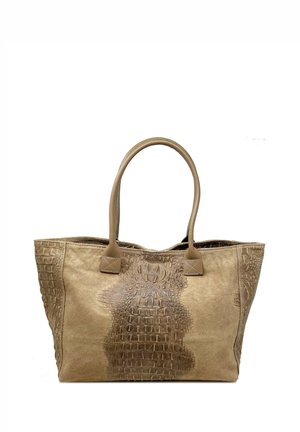 Borsa a tracolla in pelle marrone chiaro con motivo rettile testurizzato ed embossato. Presenta manici piatti doppi e una finitura morbida simile alla suede. Design minimalista.