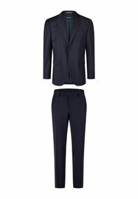 Marineblauer Anzug, bestehend aus einem Ein-Knopf-Blazer und passenden, nach vorne flach geschnittenen Hosen, beide aus einem glatten Stoff gefertigt.