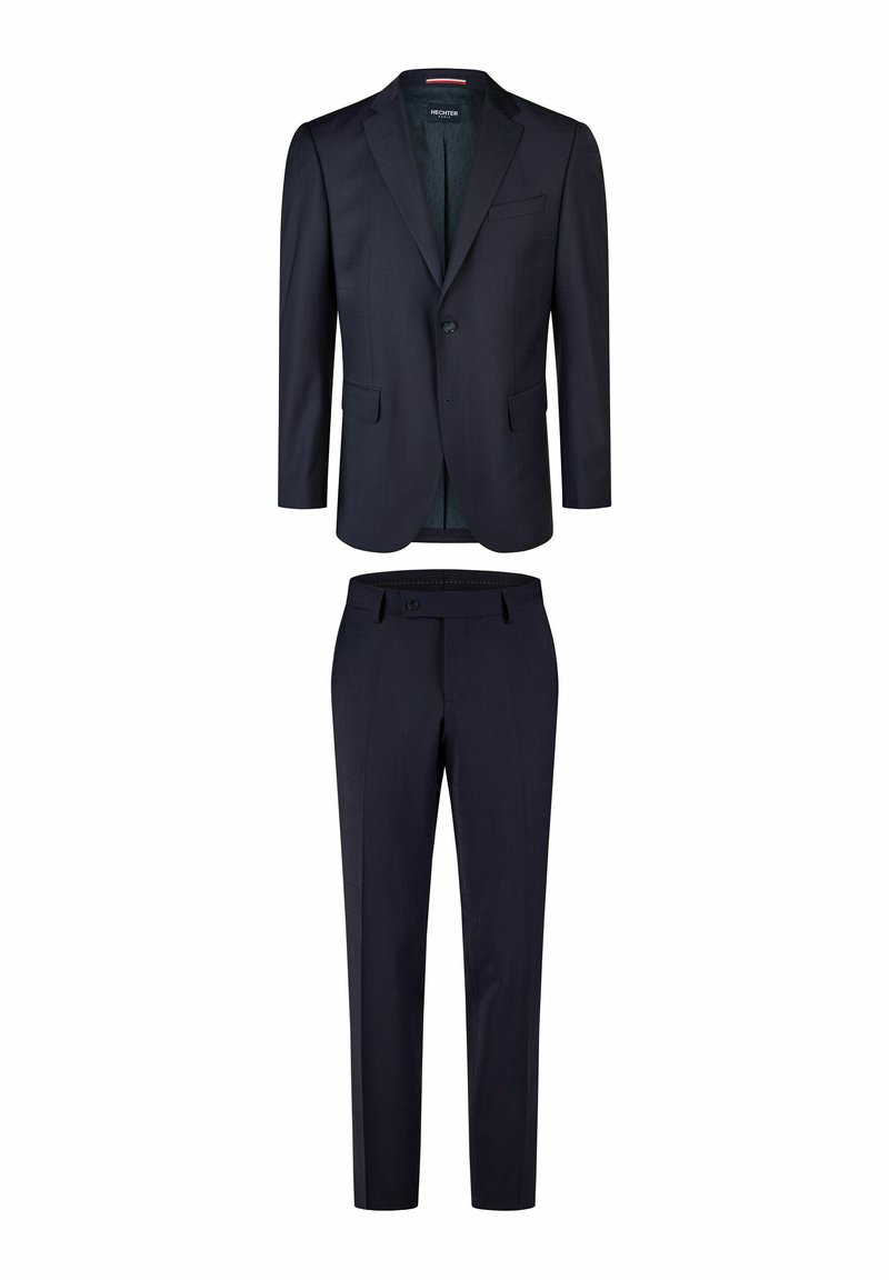 Marineblauer Anzug, bestehend aus einem Ein-Knopf-Blazer und passenden, nach vorne flach geschnittenen Hosen, beide aus einem glatten Stoff gefertigt.