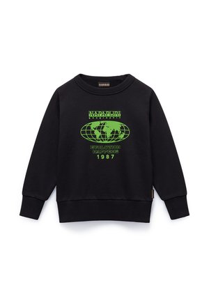 Zwarte sweatshirt met ronde hals en lange mouwen. Kenmerkt zich door een groene grafische print van een globe en tekst, gemaakt van een zachte stof.