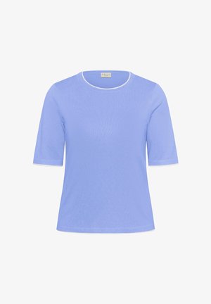 Hellblaue kurzärmelige Bluse mit weißem Besatz an Kragen, Ärmeln und Saum, mit rundem Ausschnitt und geradem Schnitt.