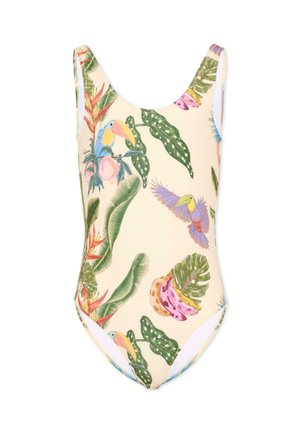 Eendelig badpak met kleurrijke tropische vogel en grote groene bladprint op een lichtgele achtergrond.