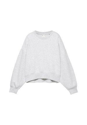 Lysegrå langærmet crewneck sweatshirt med ribbet manchetter og kant, vist på en hvid baggrund.