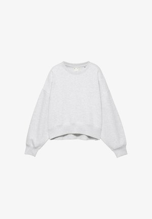 Lysegrå langærmet crewneck sweatshirt med ribbet manchetter og kant, vist på en hvid baggrund.