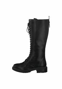 Black leather knee-high boots with lace-up front, round toe, and textured side panel. Features a sturdy treaded sole and pull tab.